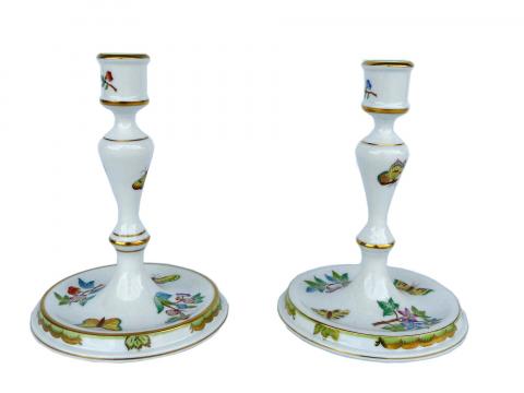 Vintage Herend Hungary Porcelain Candlesticks Queen Victoria Pattern